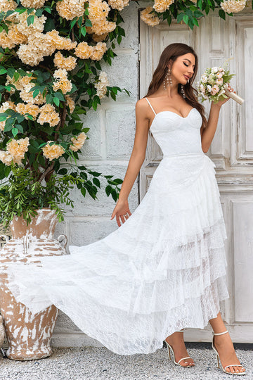 Ivory Lace Asymmetrisk Avtakbart tog Boho brudekjole